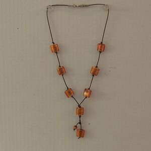 Woman's Casual Leather & Beaded Necklace, Square Orange Beads
